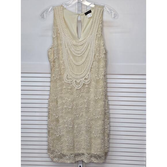 NEW VENUS CROCHET LINED BOHO SCOOP NECK MINI IVORY SLEEVELESS DRESS SIZE M - Picture 2 of 8